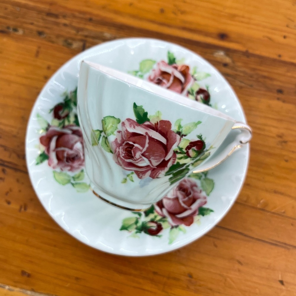 Vintage Queen Anne Tea Cup & Saucer Set Pastel Green w Pink Roses Numbered - Picture 8 of 12